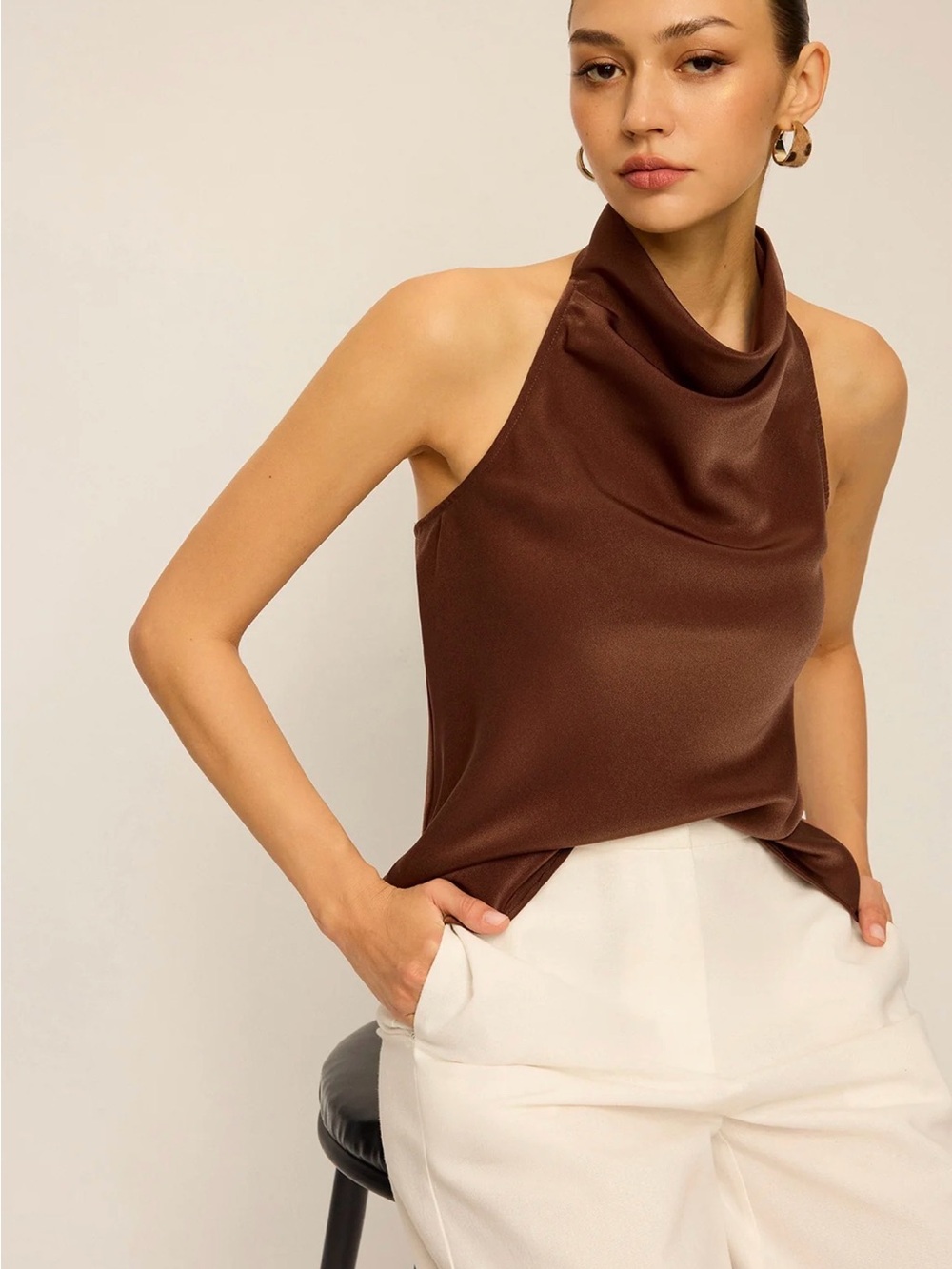 NWT Commense Satin Cowl Neck Halter Backless Top - Large